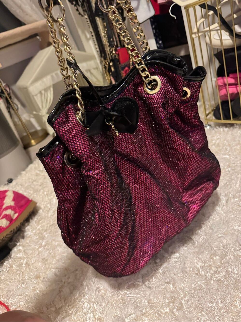 Vintage betsey johnson pink & black sequin fishnet mesh tote bag purse satchel - Picture 5 of 10